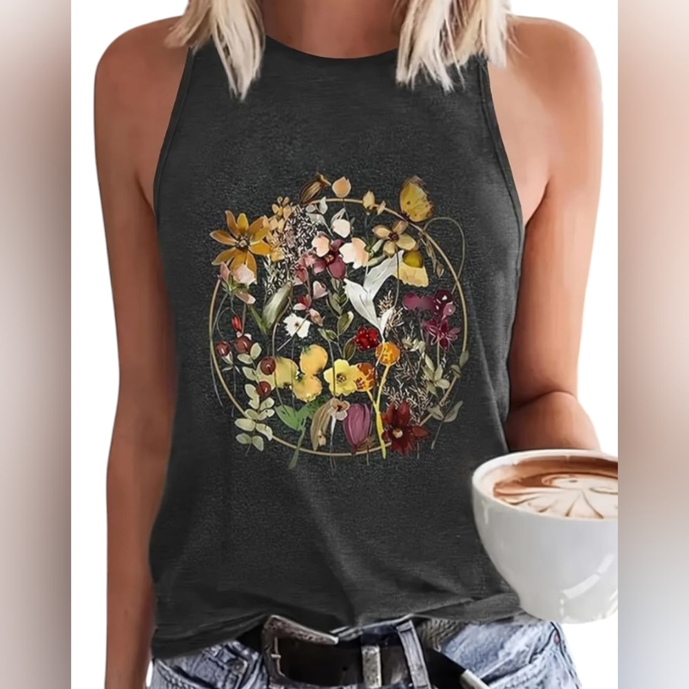 🆕 Women's Sleeveless Heathered Grey & Floral Screen Print T-shirt
